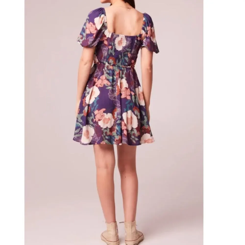 BAND OF THE FREE AIMEE PURPLE FLORAL PUFF SLEEVE MINI DRESS S‎ NEW